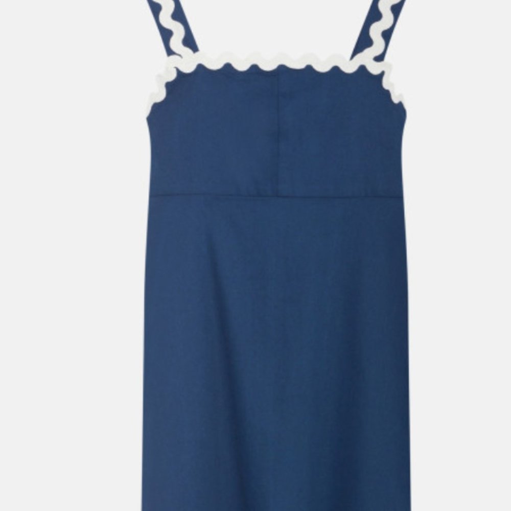 NWT white ZIG ZAG detail Navy Blue Mini Dress by Compania Fantastica